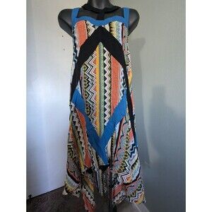 Addie Handkerchief Dress High Low Criss Cross Harness Neck Med Blue Black Multic